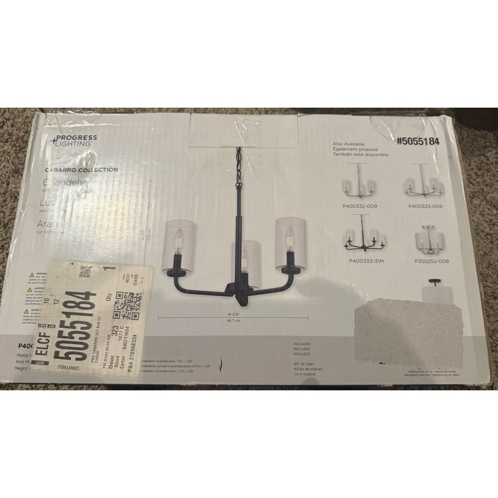 Progress Lighting Gabarro 3-Light Chandelier‎ Matte Black Indoor Hardwired
